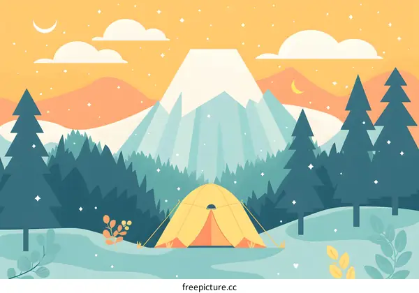 Camping Tent in the Mountains with Snowy Peaks and Stars