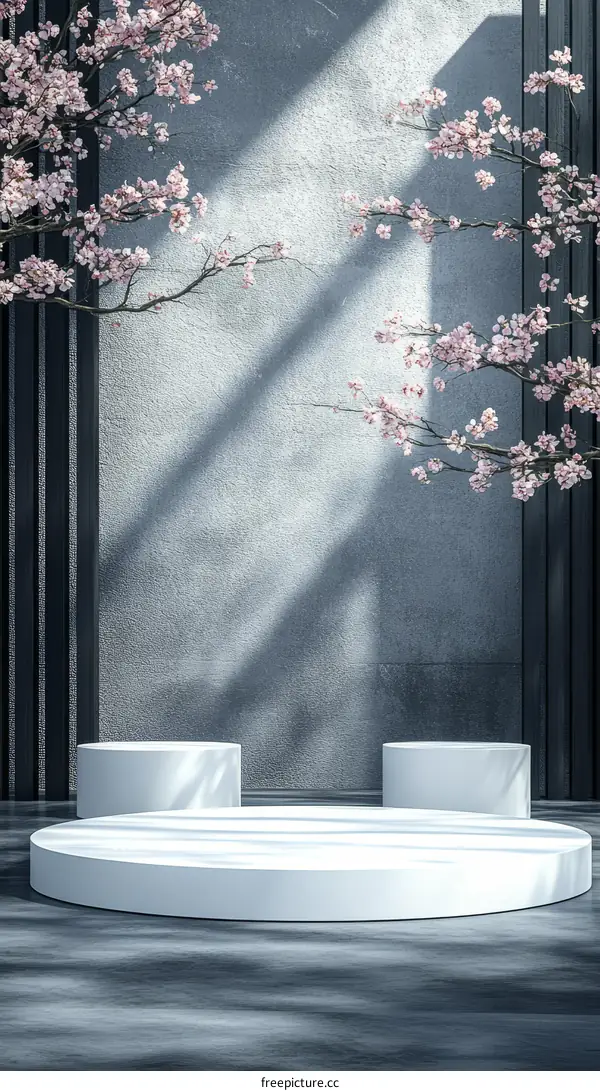 Modern Minimalist Empty Product Display with Cherry Blossoms
