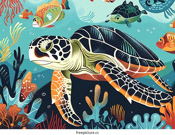 Sea Turtle Illustration with Colorful Coral Reef