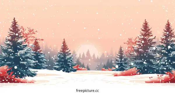 Snowy forest landscape with pine trees at sunset