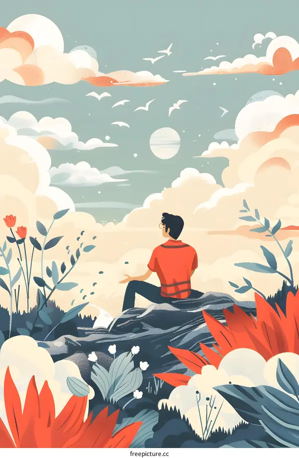 Man Sitting On Hilltop Looking At The Sky With Birds Flying