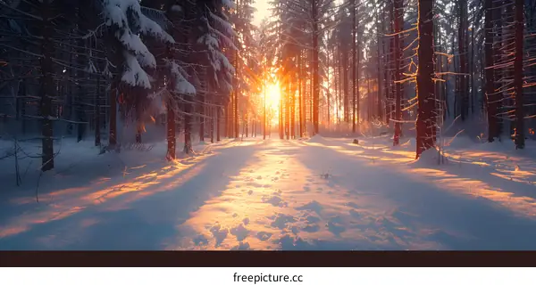The sun shines through the snow covered forest