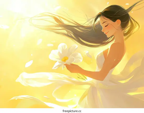 A Beautiful Girl with a Flower in a Sunny Day