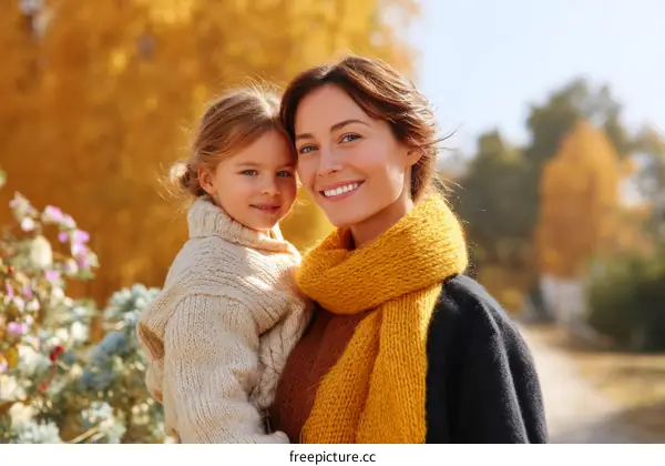 Autumnal Embrace: Mother and Daughter in Golden Hues