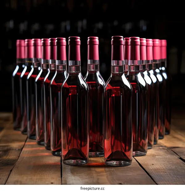 Bottles of red wine on a wooden table