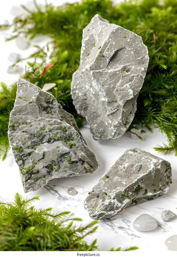 Grey Rocks On Green Moss Background