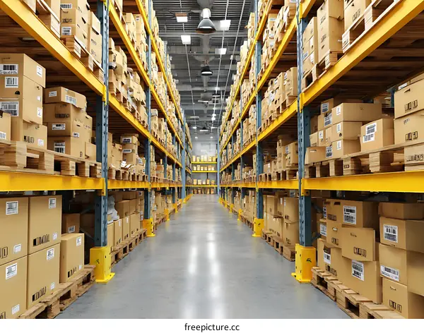 Warehouse Interior with Cardboard Boxes on Pallets