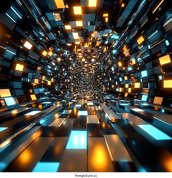 Futuristic Tunnel with Illuminated Geometric Tiles
