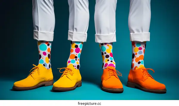 Three people wearing colorful socks and yellow shoes