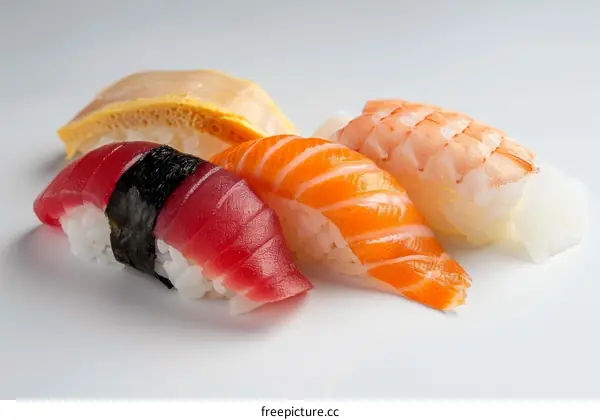 Four pieces of sushi on a white background