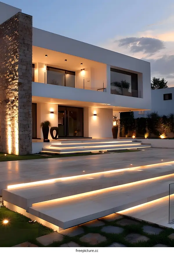 Modern House Exterior with Stone Wall and Illuminated Steps