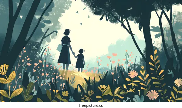 Silhouette of Mother and Daughter Walking in a Forest