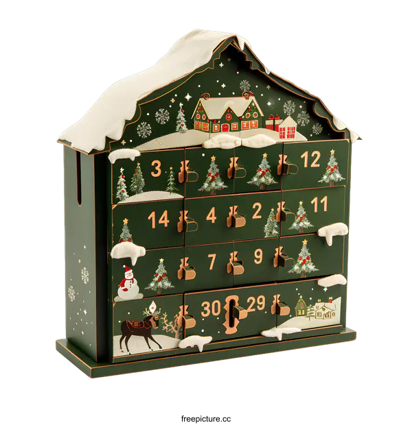 [Transparent Background PNG]Green Wooden Advent Calendar with Snowy Roof and Christmas Decorations