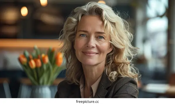 Portrait of a smiling middle-aged woman with blond hair and blue eyes