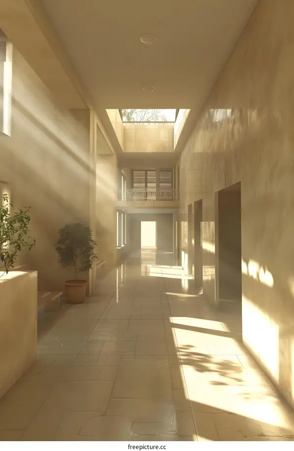Bright corridor with sunlight shining through the windows