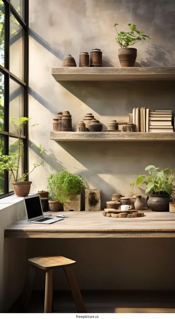 A cozy home office with a natural light and wooden shelves
