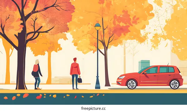 Autumn Scene with Two People and Car