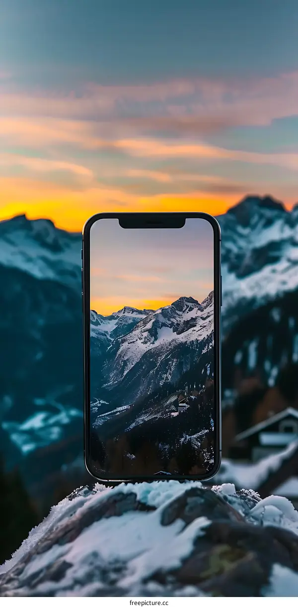 Phone On Snowy Mountain With Sunset Sky