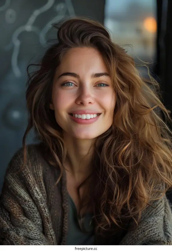 Smiling Woman with Wavy Brown Hair