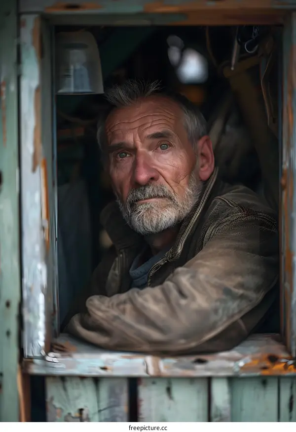 Portrait of an old man with a beard looking out the window