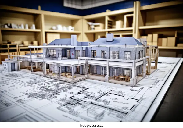 A 3D model of a house on top of a blueprint