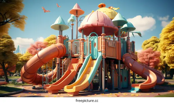 Colorful and imaginative playground in the park with a blue sky and trees with yellow and orange leaves in the background
