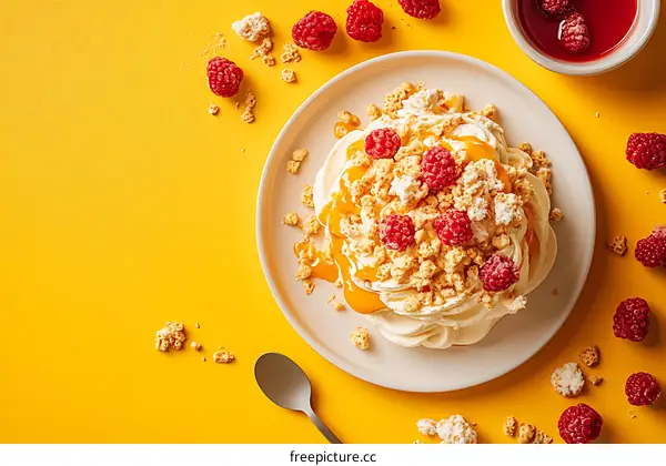 Yellow Background with White Dessert and Raspberries