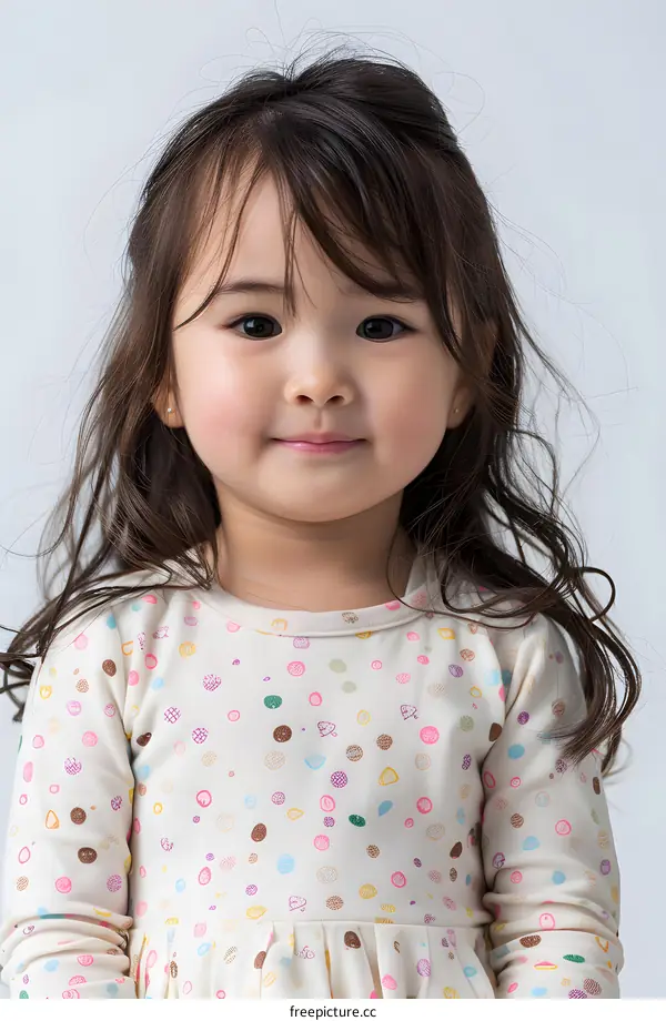 Toddler girl with long brown hair wearing a colorful polka dot dress smiling at the camera