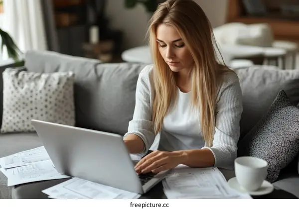 Woman Working on Laptop at Home