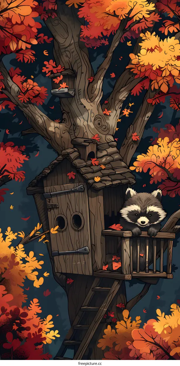 Raccoon in a Treehouse with Autumn Leaves
