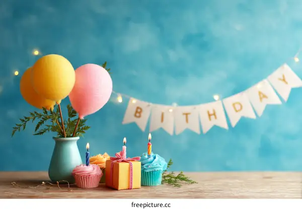 Birthday Celebration with Colorful Balloons and Cupcakes