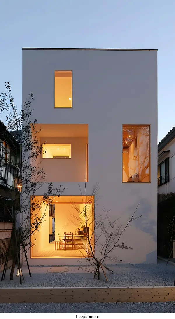 Modern Minimalist White House With Large Windows And A Small Garden