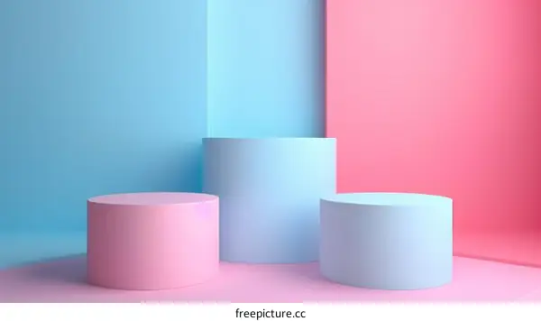 Three Pastel Cylindrical Objects in Pink, Blue, and White