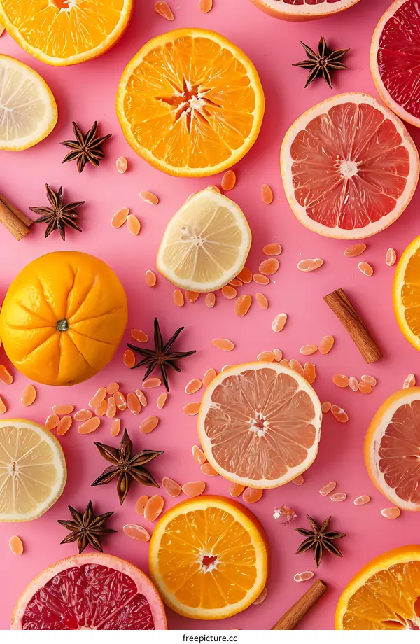 Pink Background With Citrus Fruits and Star Anise