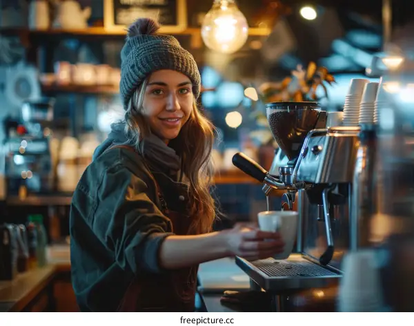 Portrait of a young woman making coffee