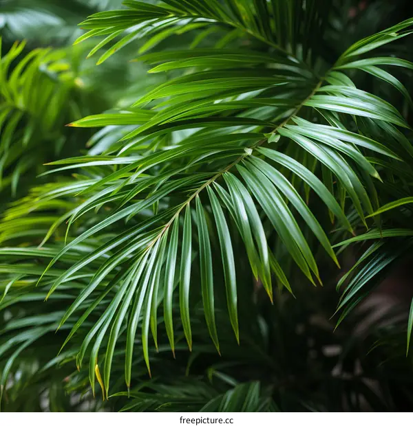 Close-up of lush green palm leaves in a tropical rainforest