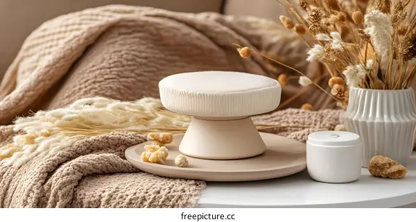 White Ceramic Mushroom Shaped Stool on Wooden Tray