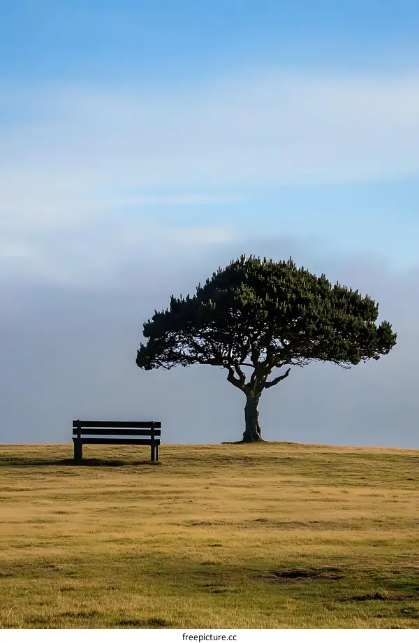 Solitary Bench and Tree in a Field Under a Blue Sky