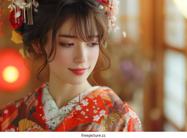 Portrait of a beautiful Japanese woman in traditional kimono