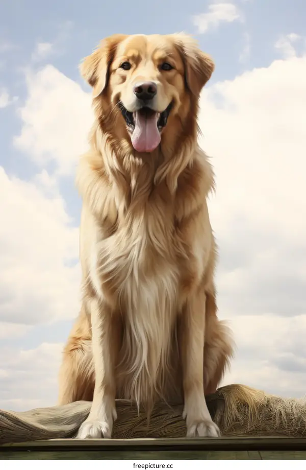 A Golden Retriever sits on a wooden fence and looks at the camera