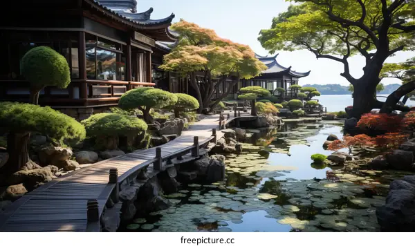 Oriental garden with pond and trees