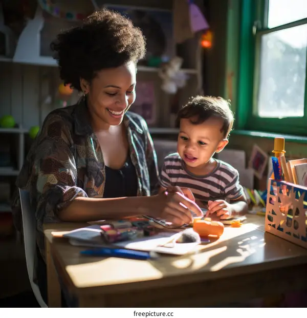 A mother and her son are painting together at a table.