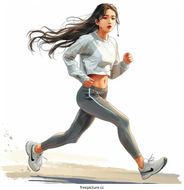 A young woman with long black hair is running