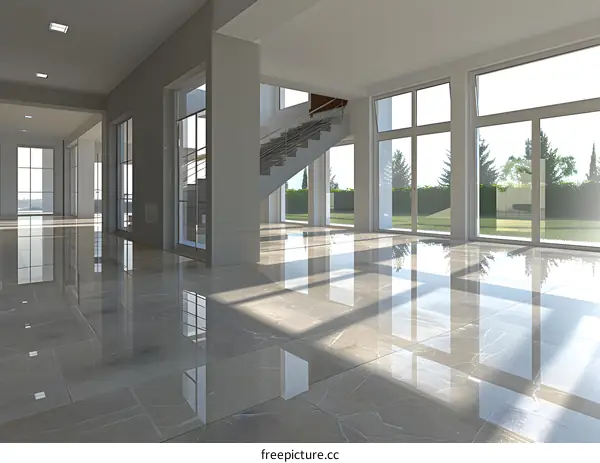 Modern Interior Design With Large Windows And Marble Floor