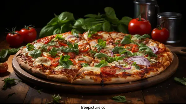 A delicious pizza with fresh tomatoes, basil, and mozzarella cheese