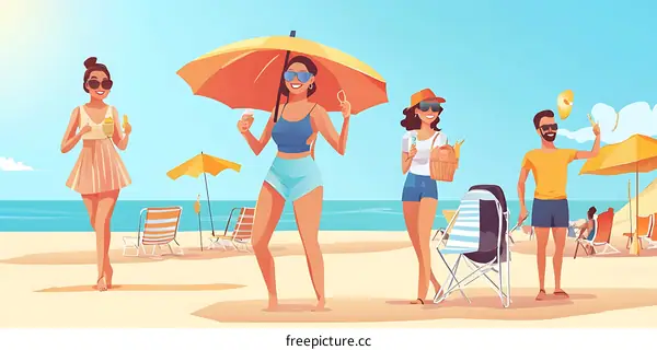 Summer Beach Vacation Friends Enjoying Sunny Day With Drinks And Food