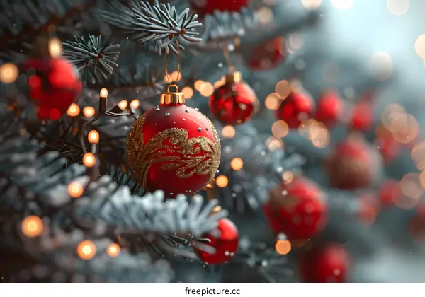 Red Christmas balls hanging on a fir tree with fairy lights in the background