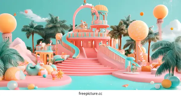 Colorful 3D Render of a Fantasy Playground with Palm Trees and Slides