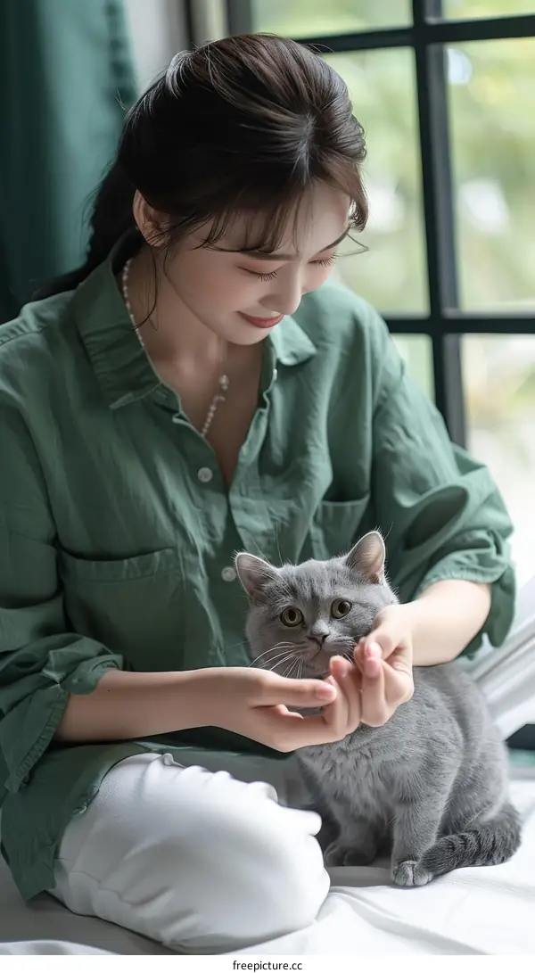 A young woman is sitting on a bed with a gray cat