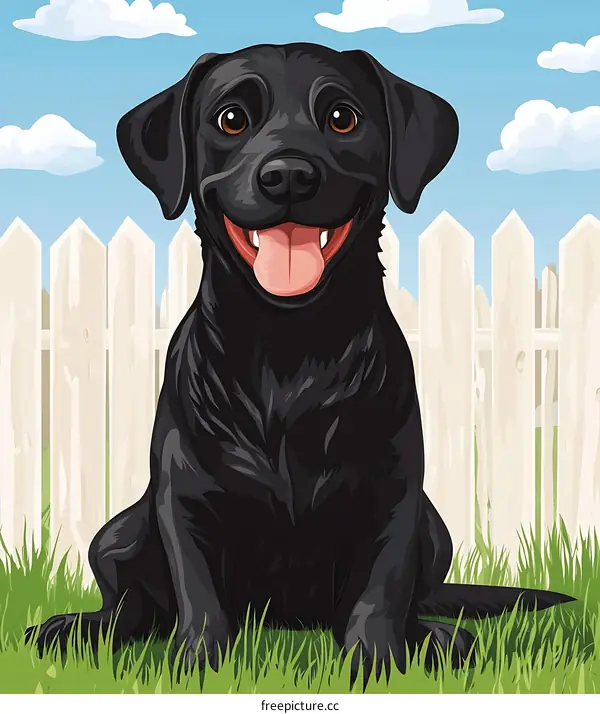 Black Labrador Retriever Sitting in Front of a White Fence